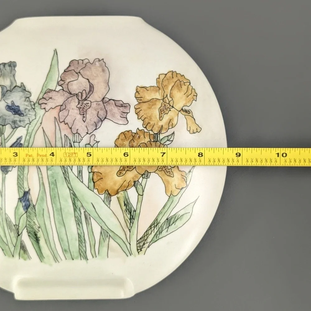 Ceramic Round Flat Iris Floral Vase Matte White Botanical Pottery 8in